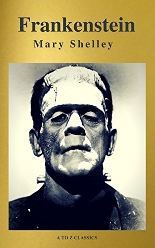A book cover for 'Frankenstein' by Mary Shelley, featuring a black and white image of a character with a flat head and stitched features, set against a gold background with the title and author's name prominently displayed.