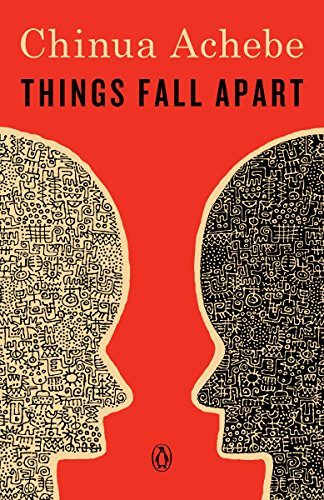 The cover of 'Things Fall Apart' by Chinua Achebe features two silhouetted heads facing each other against a bright red background, filled with intricate patterns and text.