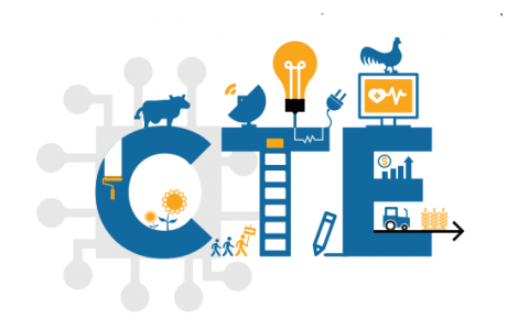 An artistic representation of the acronym 'CTE' featuring various icons related to education and technology, including a light bulb, a ladder, and images of animals and tools.
