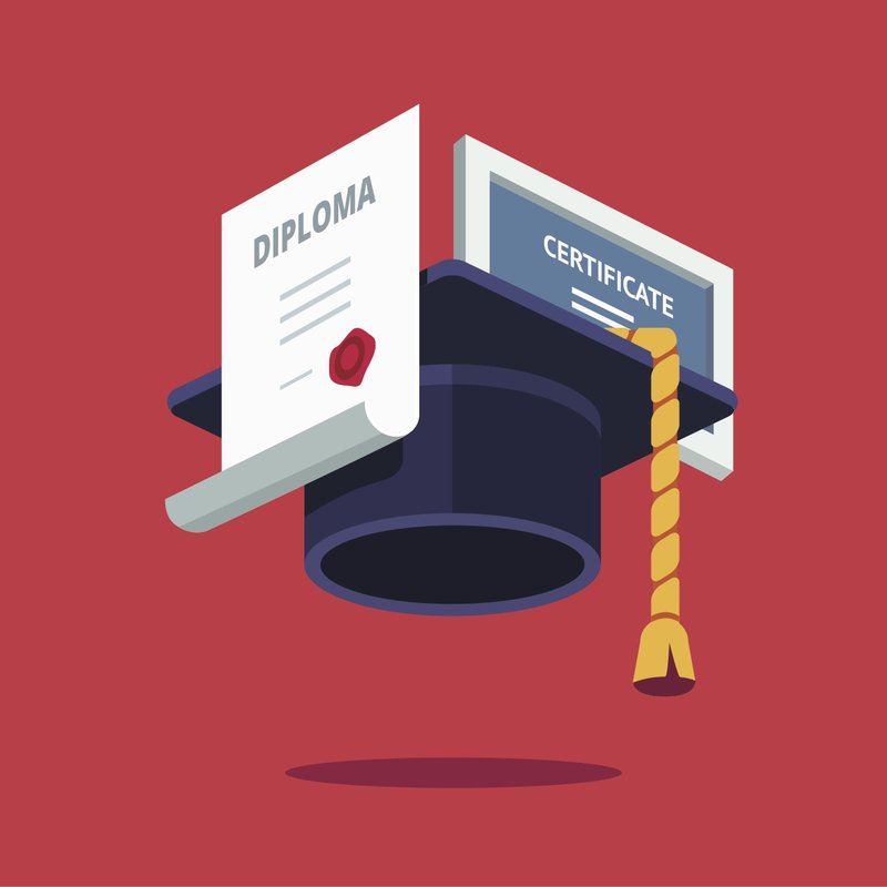 An illustration of a graduation cap with a diploma and a certificate floating beside it, set against a red background.