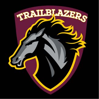A stylized logo featuring a black horse's head with a flowing mane, set against a maroon shield background, with the word 'TRAILBLAZERS' arched above in yellow.