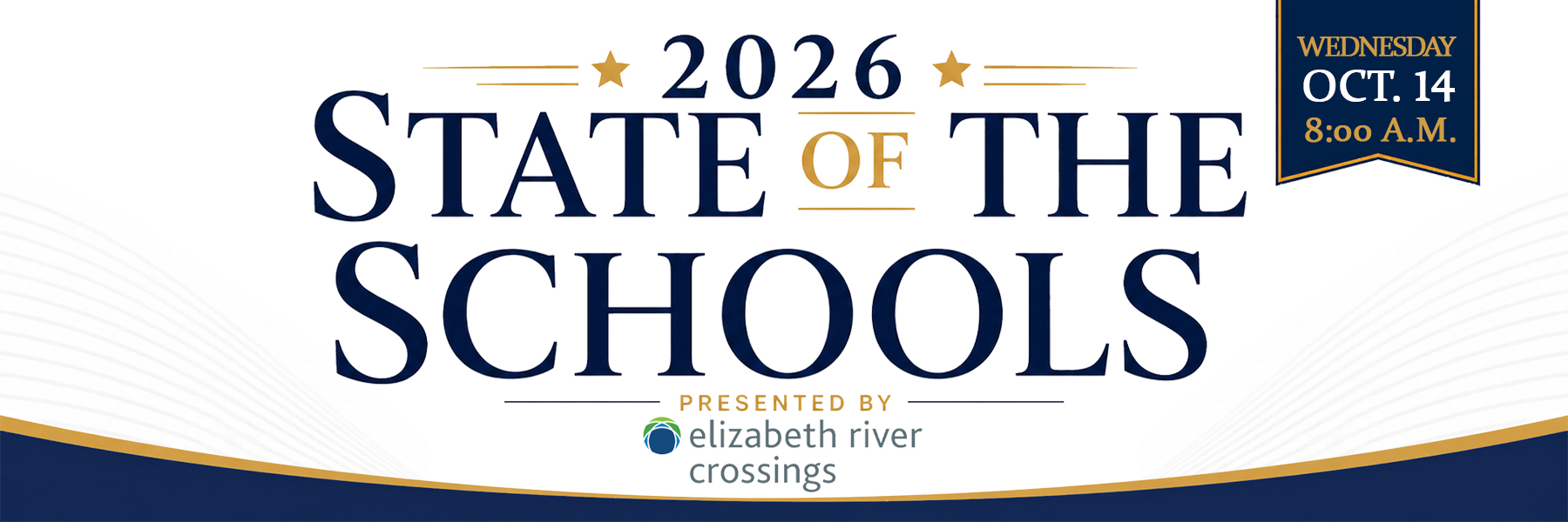 A white and blue banner reads "2026 State of the Schools" with "Presented by Elizabeth River Crossings".