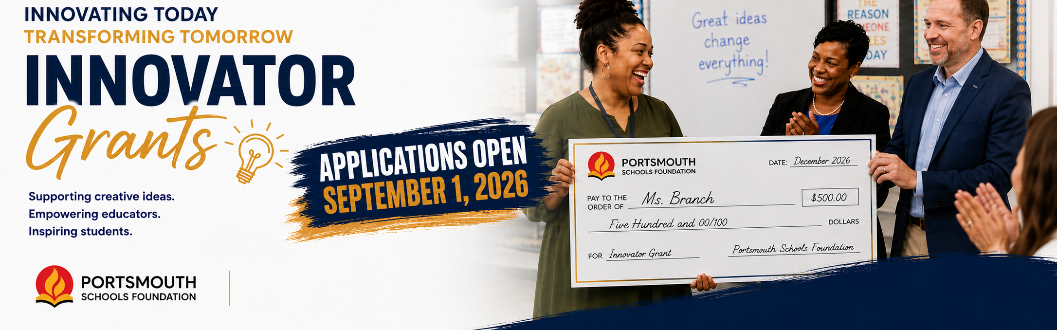 Poster with five people, three women and two men, behind a large check, with "INNOVATOR GRANTS" and "APPLICATIONS OPEN SEPTEMBER 1, 2023".