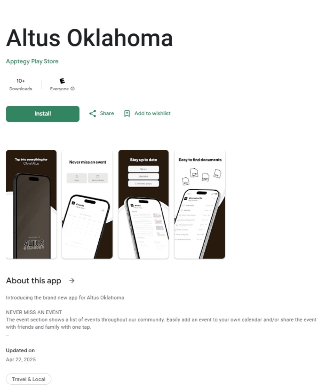 Google Play Store page for the Altus Oklahoma app showing the install button, app preview images, and features like events, news, updates, and documents.