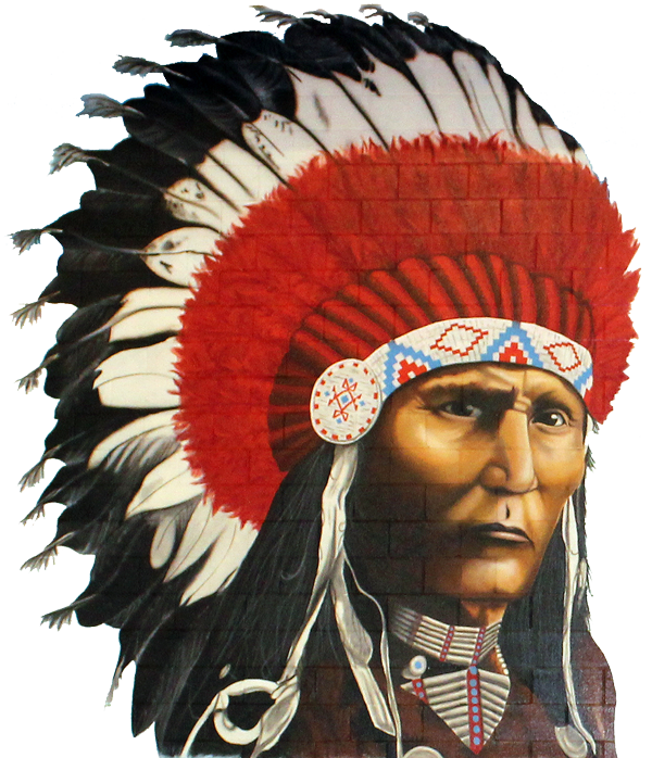 A vibrant painting depicting an Indian chief adorned with colorful feathers, showcasing cultural heritage and strength.