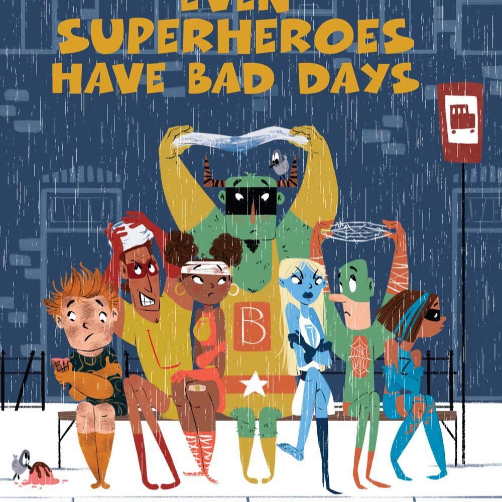 A superhero sitting on a bench, looking dejected, with a stormy sky overhead, illustrating that even heroes face tough times.