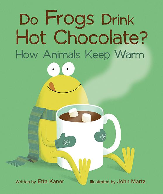 A whimsical illustration of frogs pondering if they drink hot chocolate, surrounded by animals in cozy winter attire.