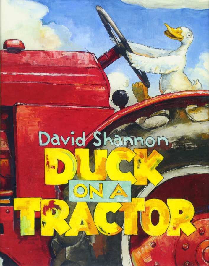 A whimsical illustration of a duck sitting atop a tractor, created by David Shannon, showcasing playful rural charm.