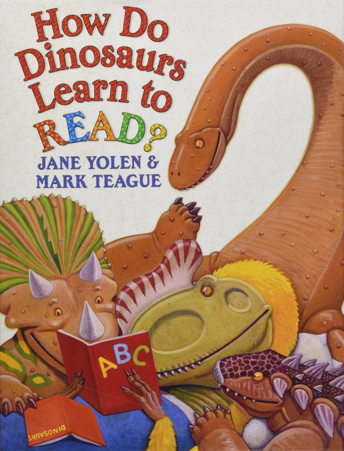 A whimsical illustration of dinosaurs engaging with books, exploring the concept of how they might learn to read.