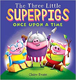 Illustration of the three little pigs building their houses in a whimsical, storybook setting.