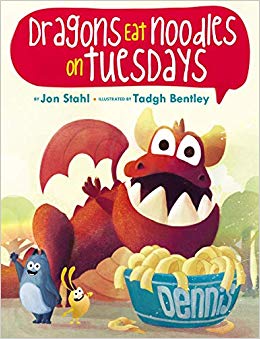 A whimsical illustration of dragons joyfully eating noodles, featured in a children's book titled "Dragons Eat Noodles on Tuesdays."
