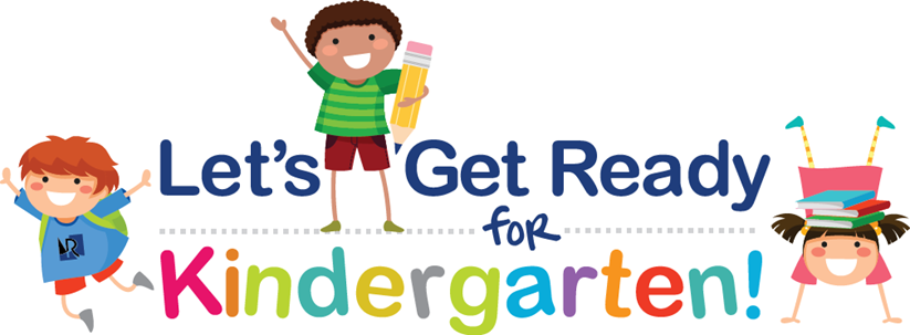 A colorful illustration featuring three children joyfully celebrating with the text 'Let's Get Ready for Kindergarten!' in playful fonts.