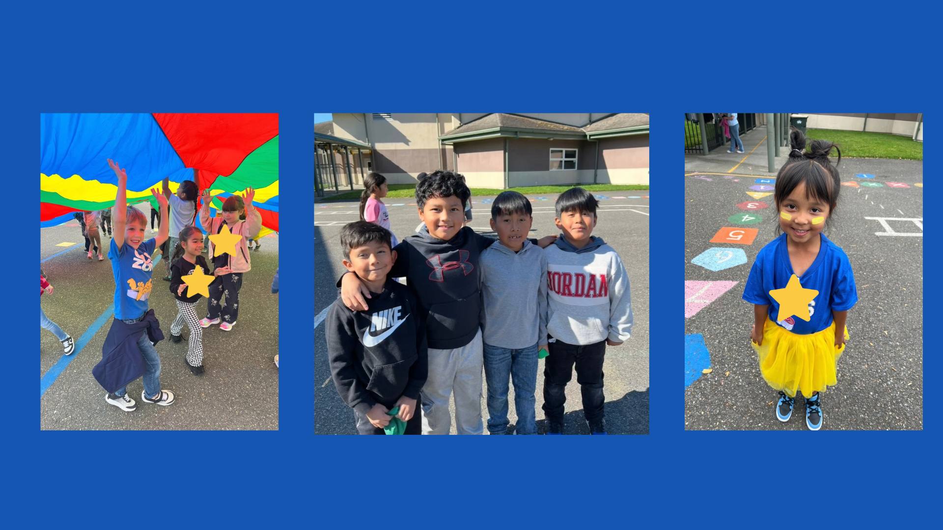Three photos show children. In one, children stand under a large parachute. In another, children stand in a group. In the third, a child stands on a hopscotch pattern.