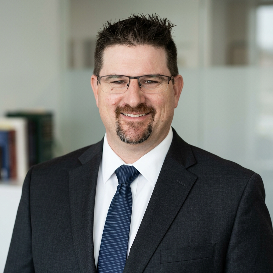Man in a suit, tie, and glasses smiling, with a white shelf and books in the background.