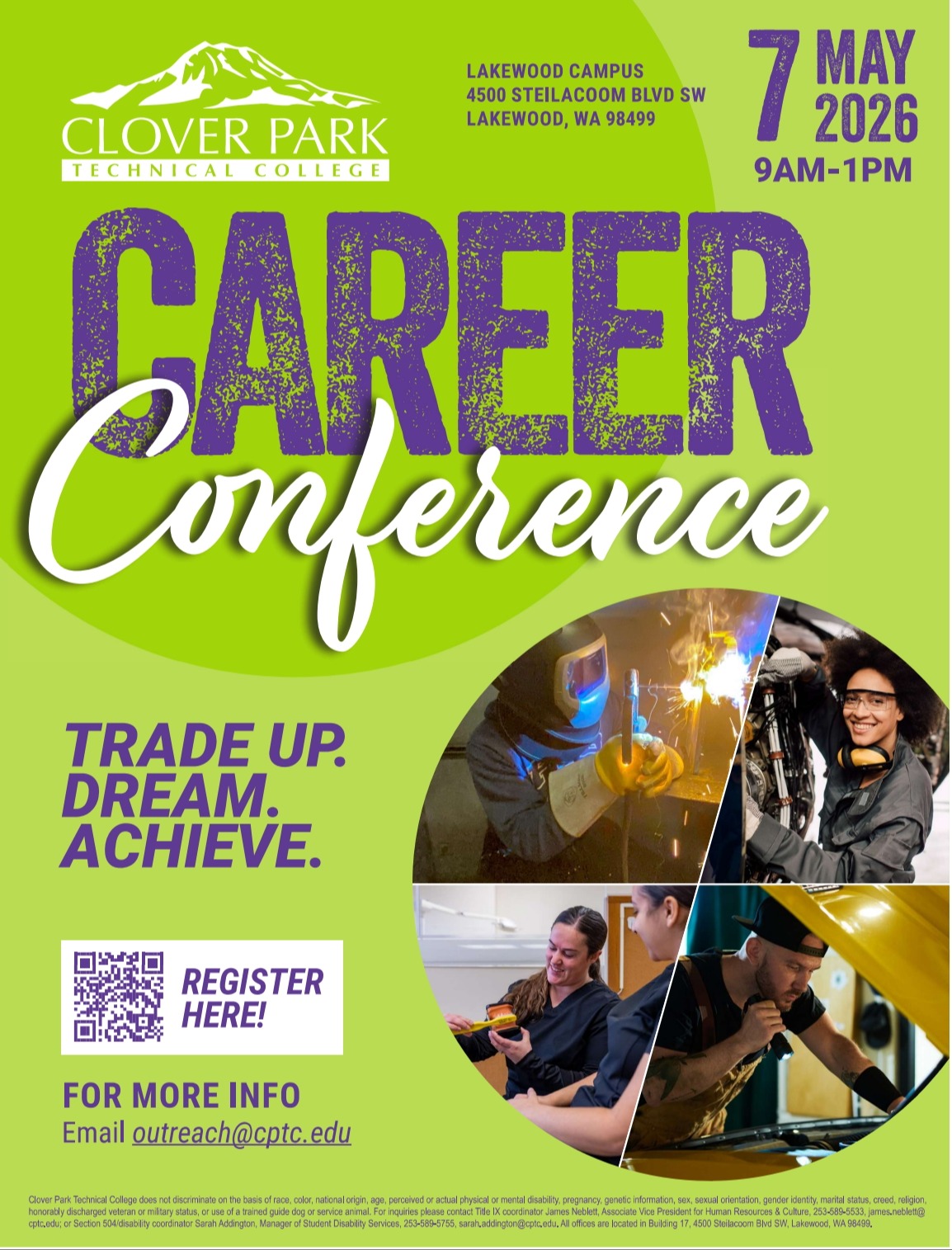 Flyer for the Career Conference at Clover Park Technical College on 7 May 2026. It features multiple images of people in various trades.