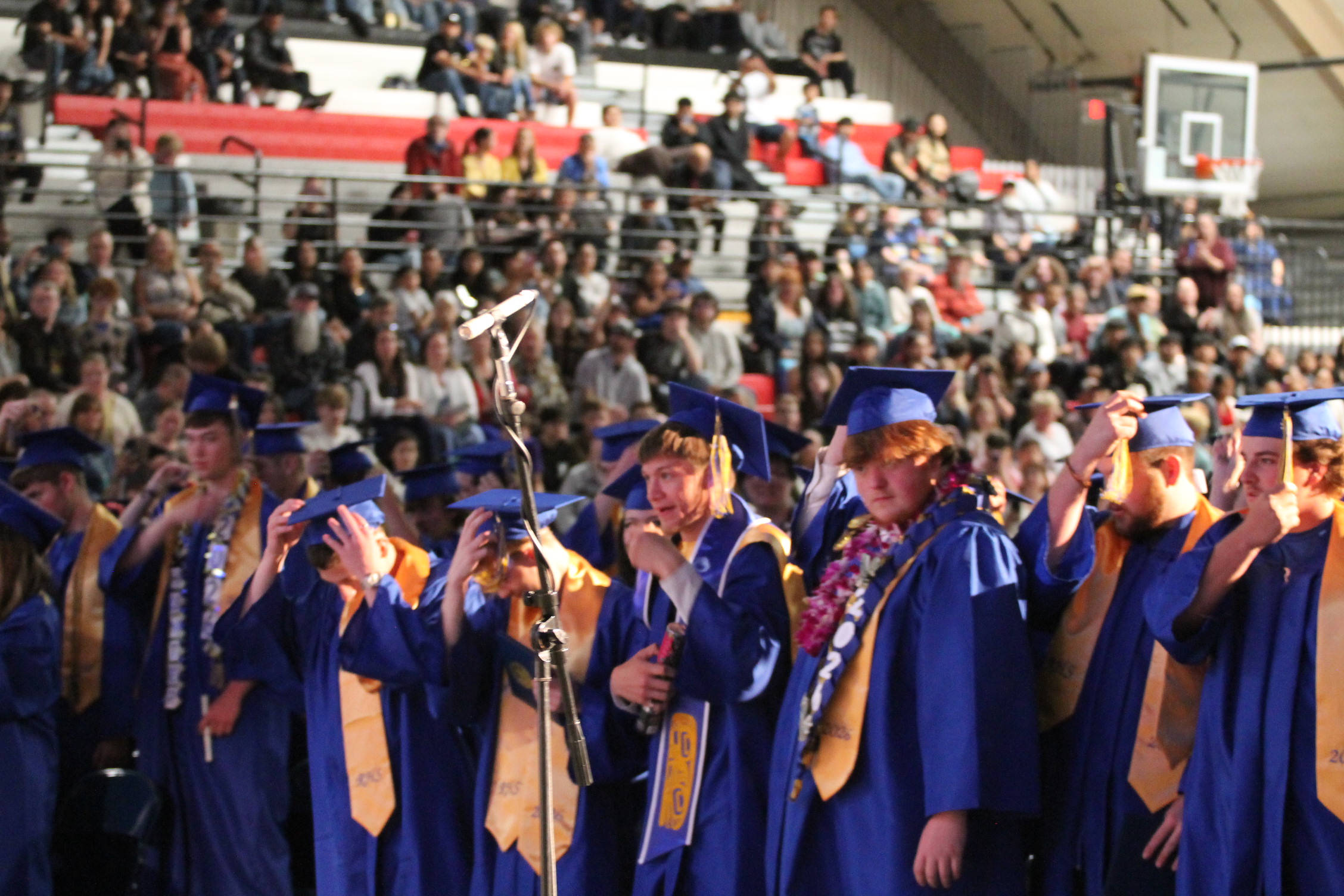 A group of individuals in blue graduation gowns and caps are standing in an auditorium.