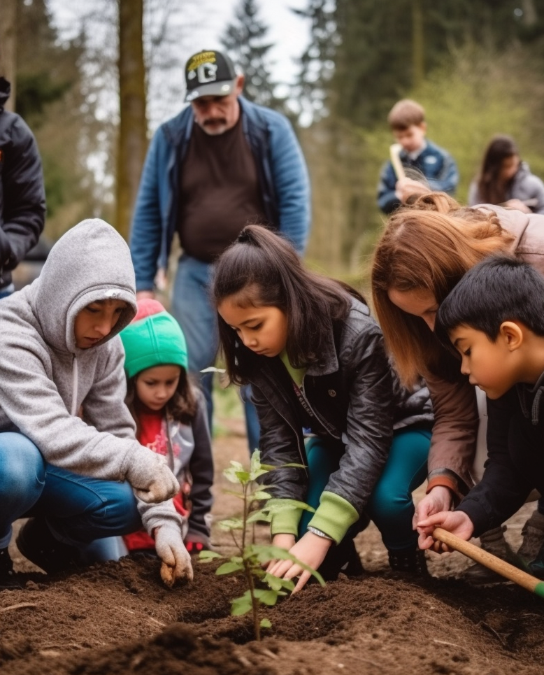 A group of children and adults are gathered around a small tree sapling, actively participating in a tree planting activity in a forested area.