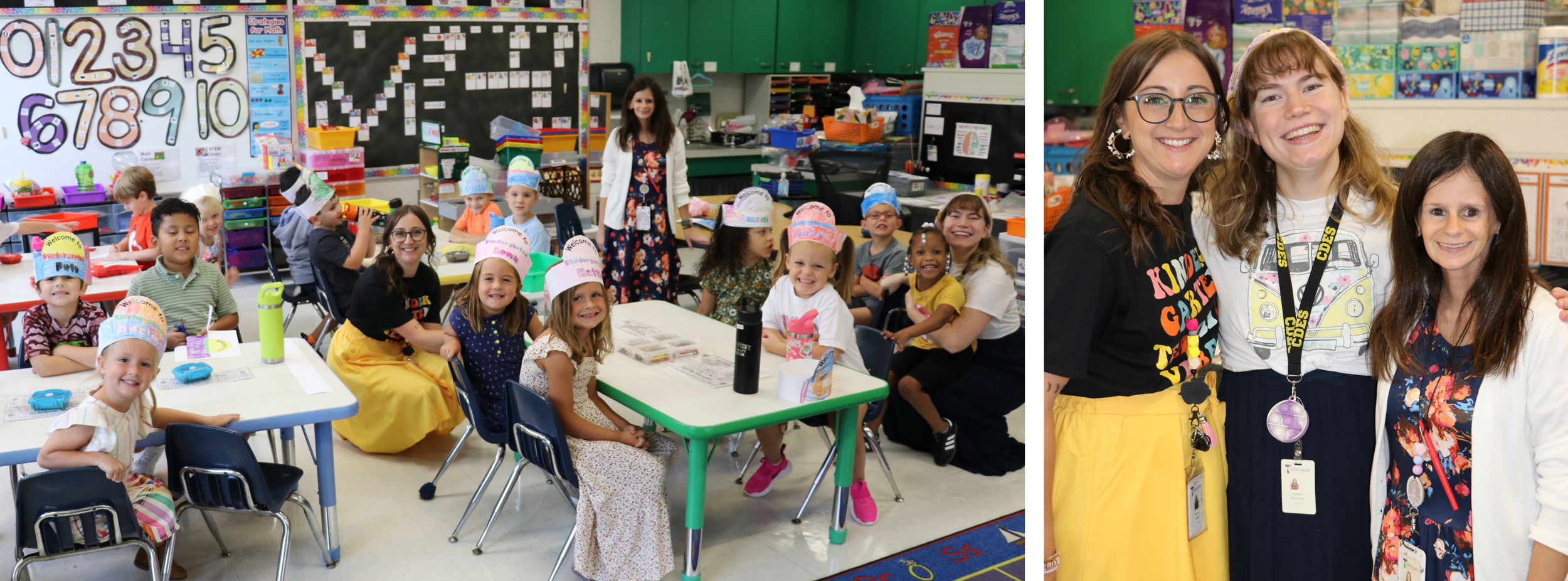 A kindergarten class smiling at the camera on the first day of school, a close-up of their instructors