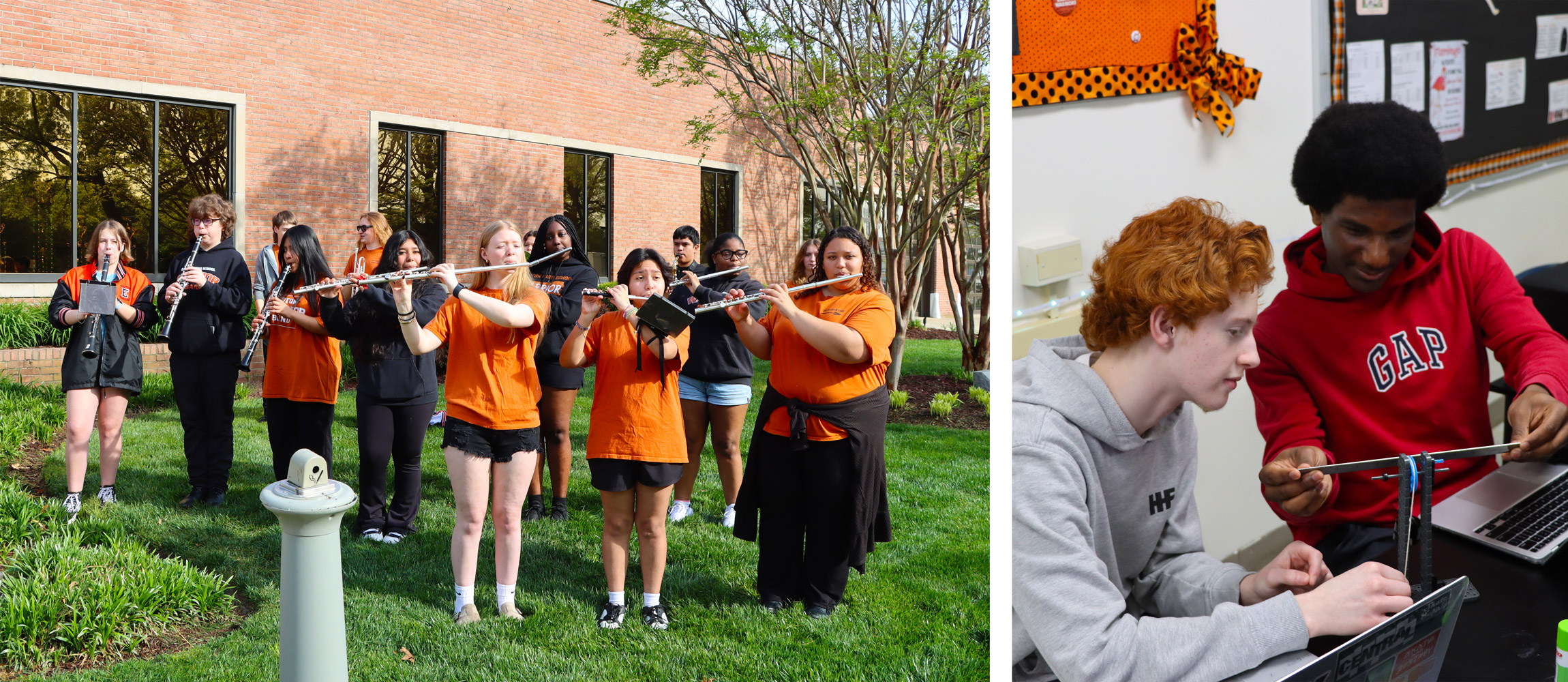 students playing instruments, and students using engineering tools