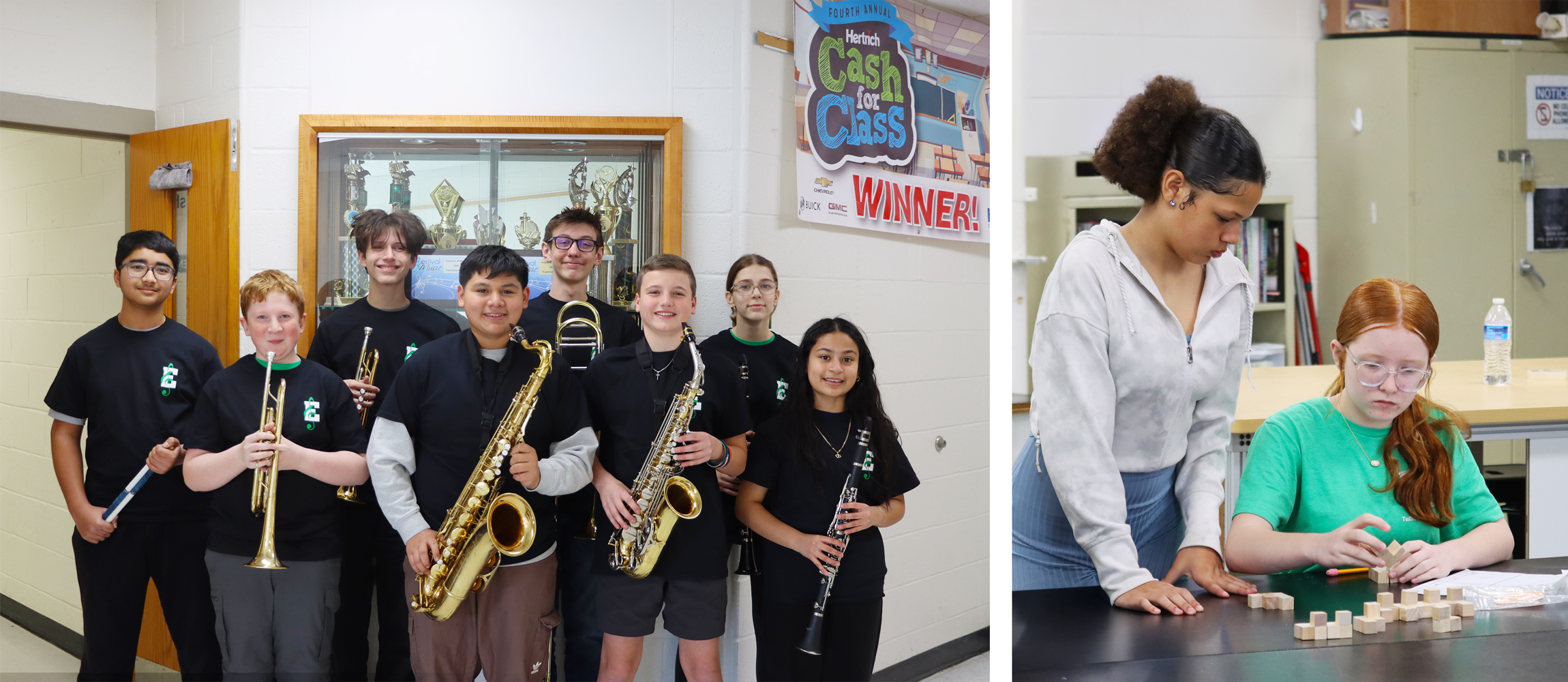 band students posing with their instruments, and two students working