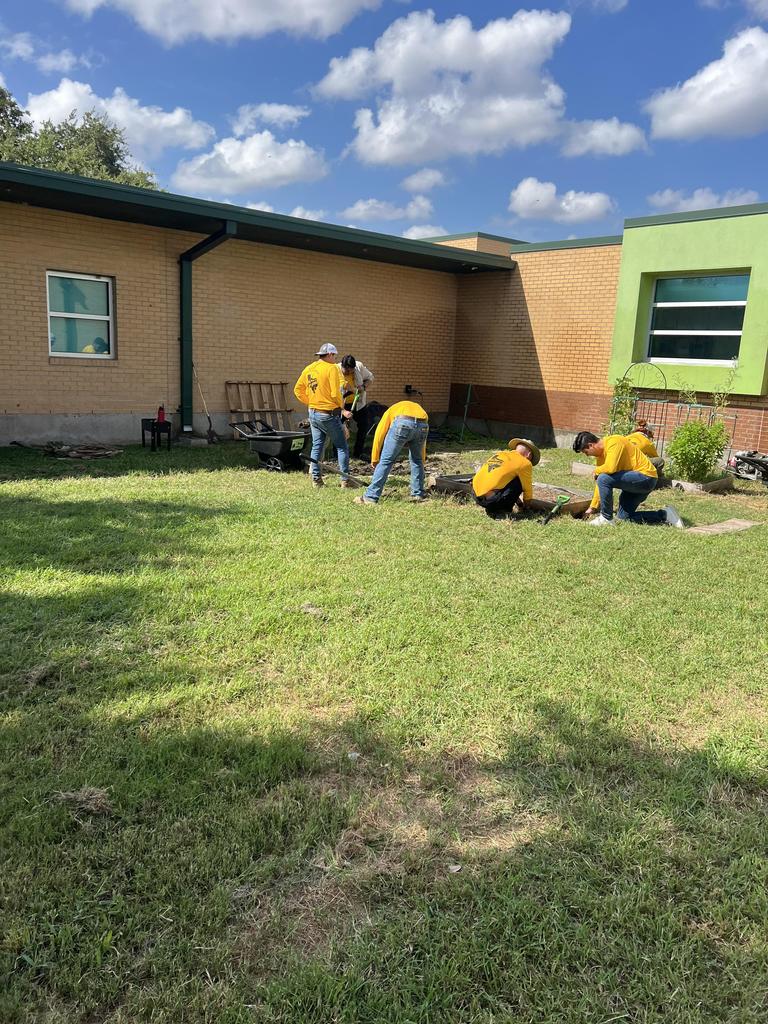 A group of individuals in yellow shirts collaborating on landscaping tasks in a green lawn area.