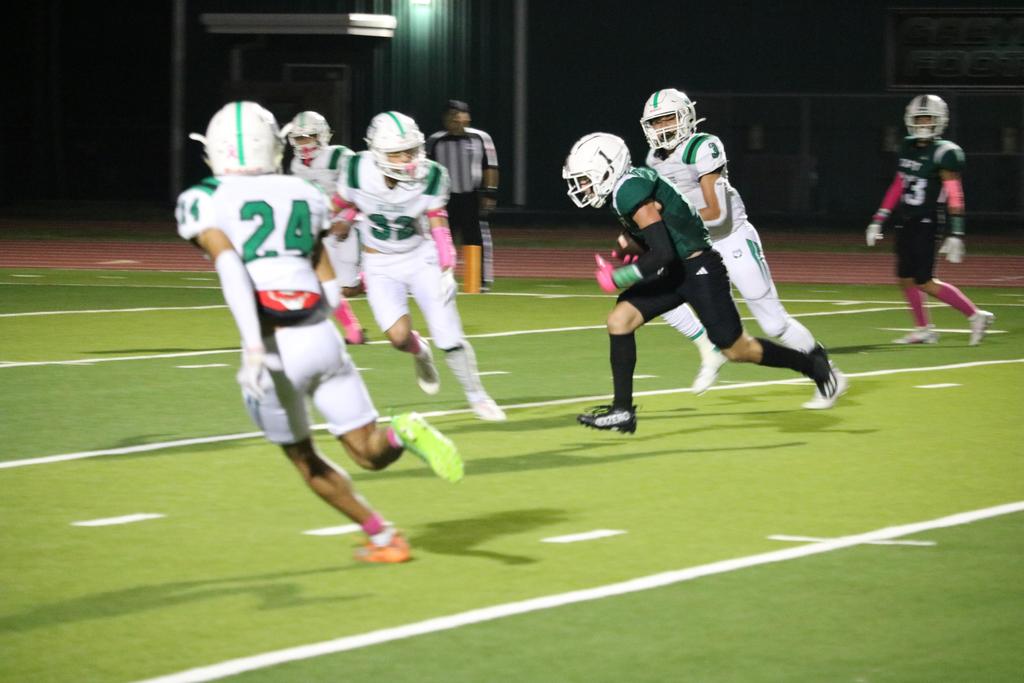 A football player sprinting across the field while gripping the ball tightly, showcasing agility and determination.