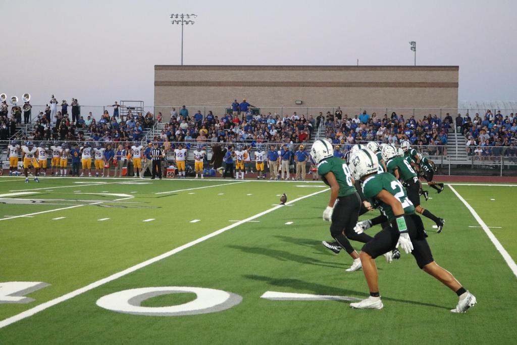 A football team competes on the field while a large crowd observes from the stands, creating an energetic atmosphere.