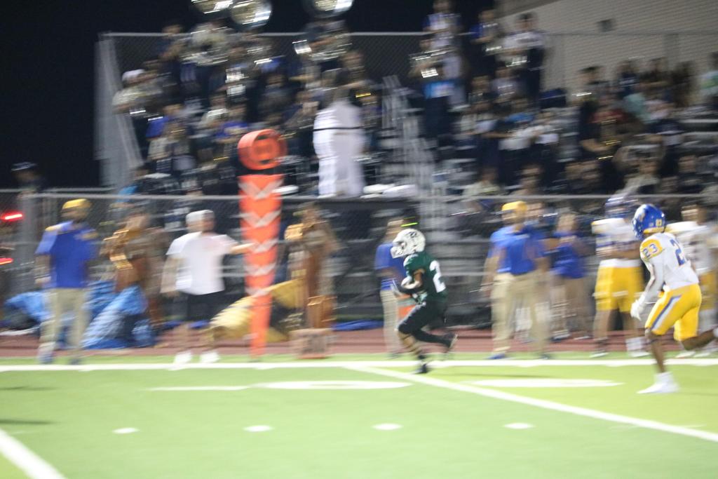 A football player sprinting on the field, with an enthusiastic crowd cheering in the background.