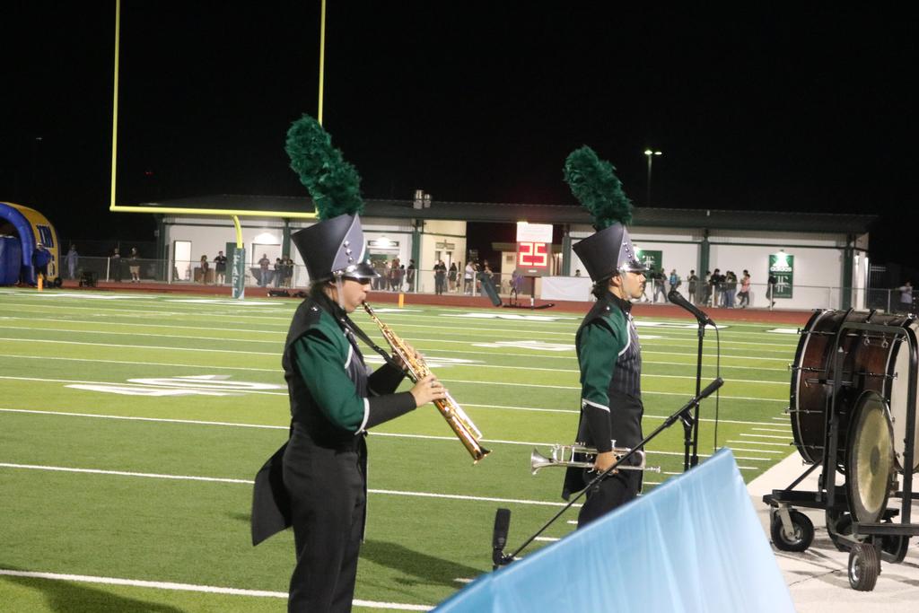A vibrant marching band performs under the stadium lights during a night football game, energizing the crowd.