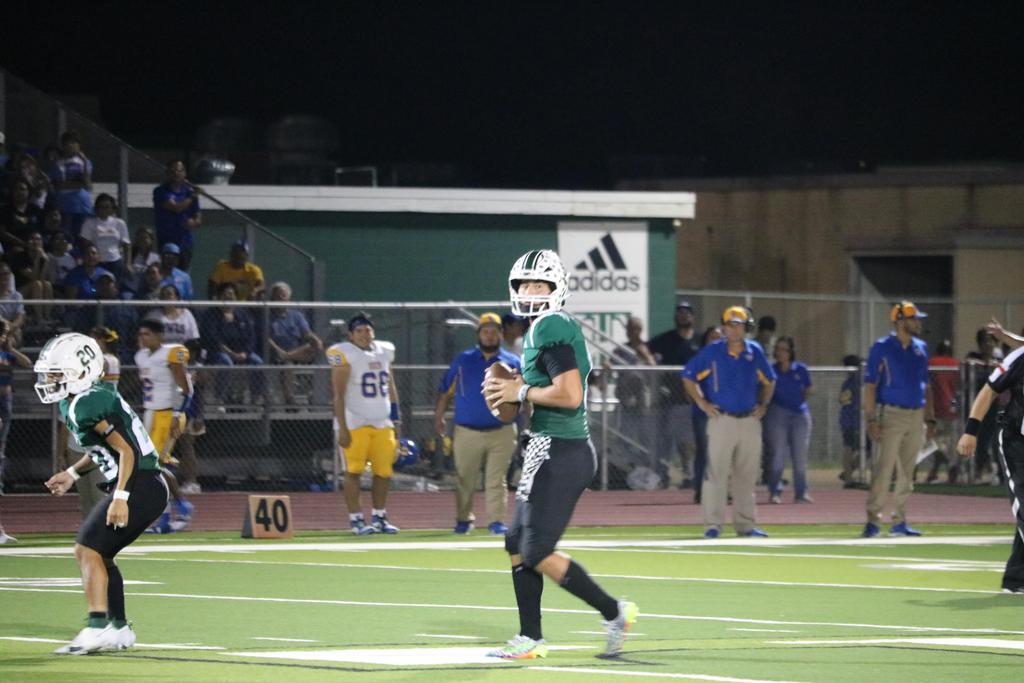 A football player wearing a green and white uniform stands on the field, ready for action during a game.