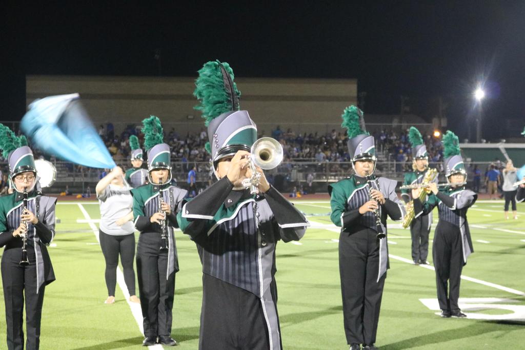 A vibrant marching band performs on a field under the night sky, illuminated by bright lights and surrounded by cheering spectators.