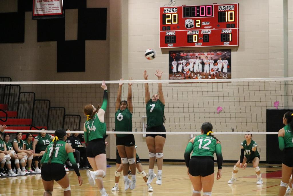 A volleyball team competes energetically in a gymnasium, showcasing teamwork and athleticism during a match.