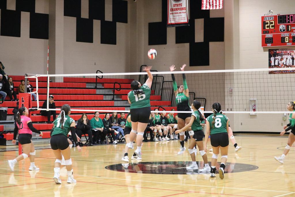 A volleyball team competes energetically in a gymnasium, showcasing teamwork and athleticism during a match.