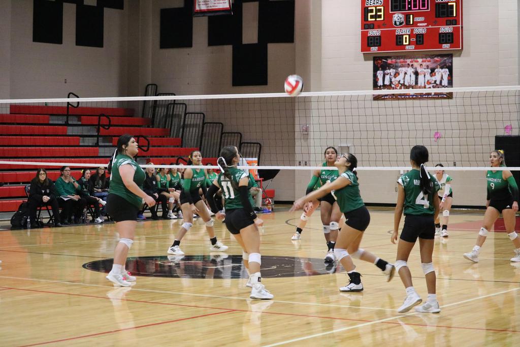 A group of girls enthusiastically playing volleyball in a gym, showcasing teamwork and athleticism.