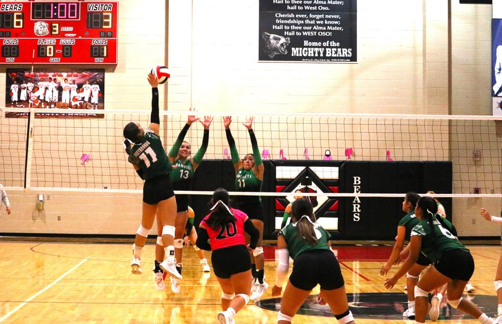 A volleyball team competes energetically in a gymnasium, showcasing teamwork and athleticism during a match.