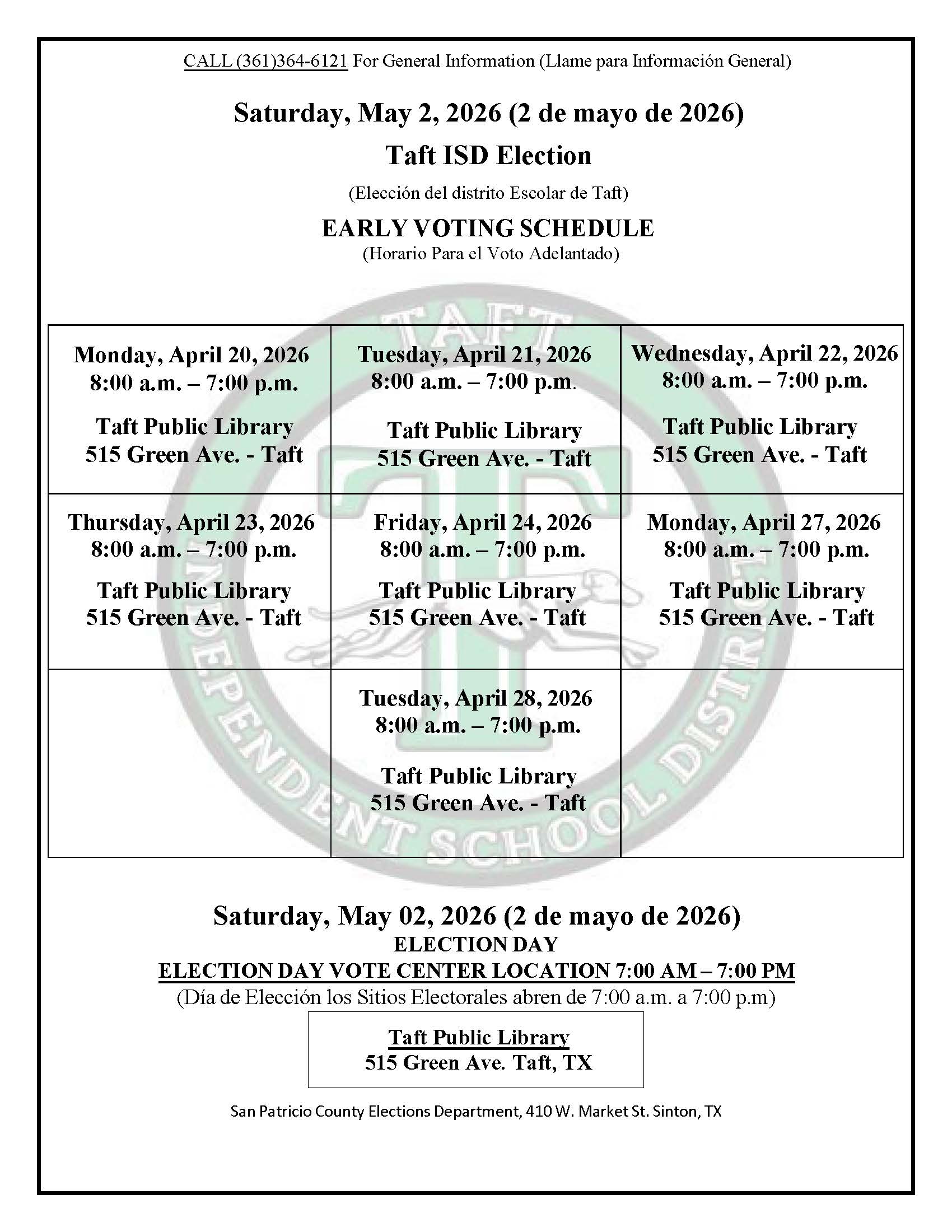 Early Voting and Election Day Schedule for Taft ISD School Board Trustee Election