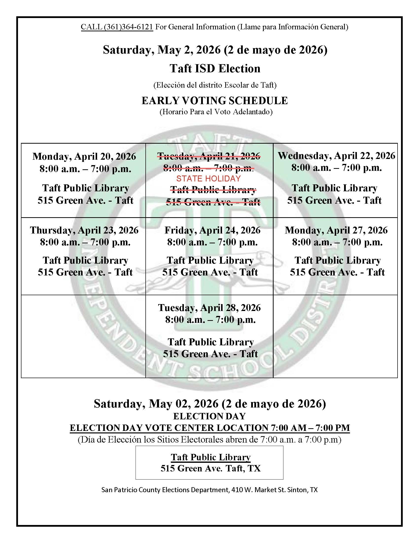 Early Voting and Election Day Schedule for Taft ISD School Board Trustee Election