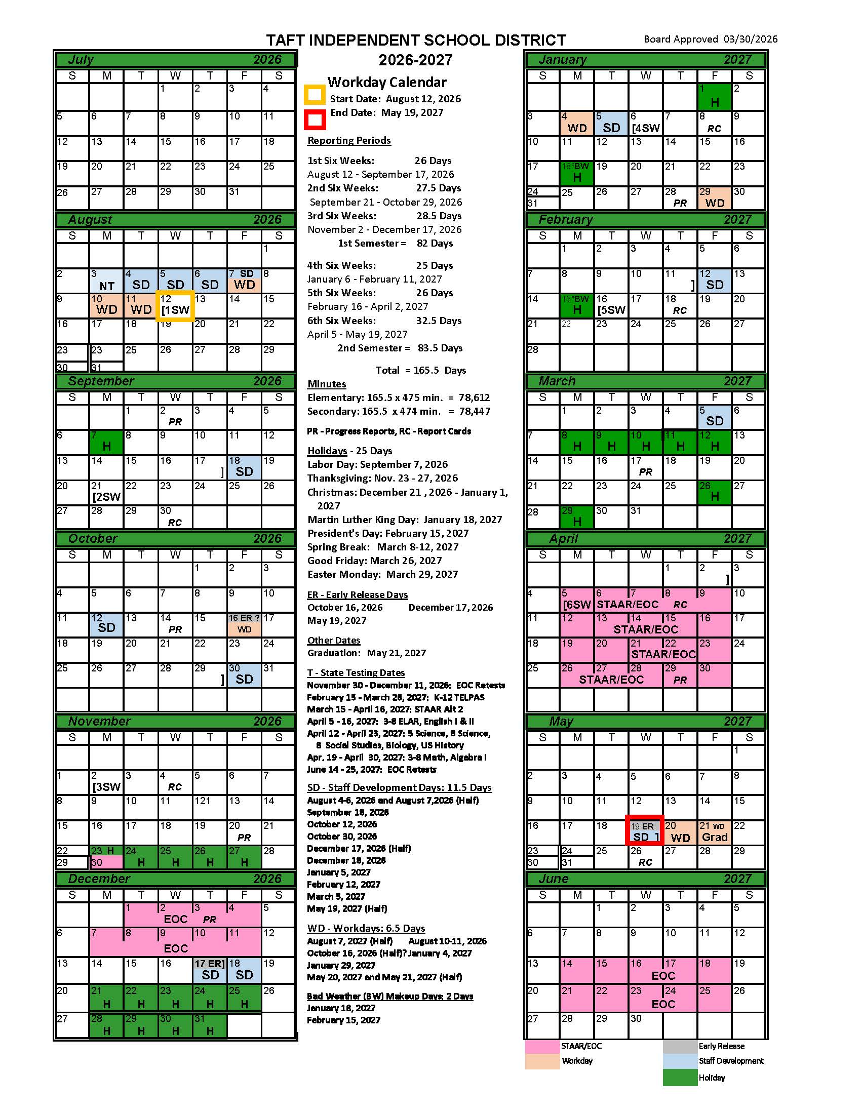 2026-2027 Taft ISD Academic Calendar