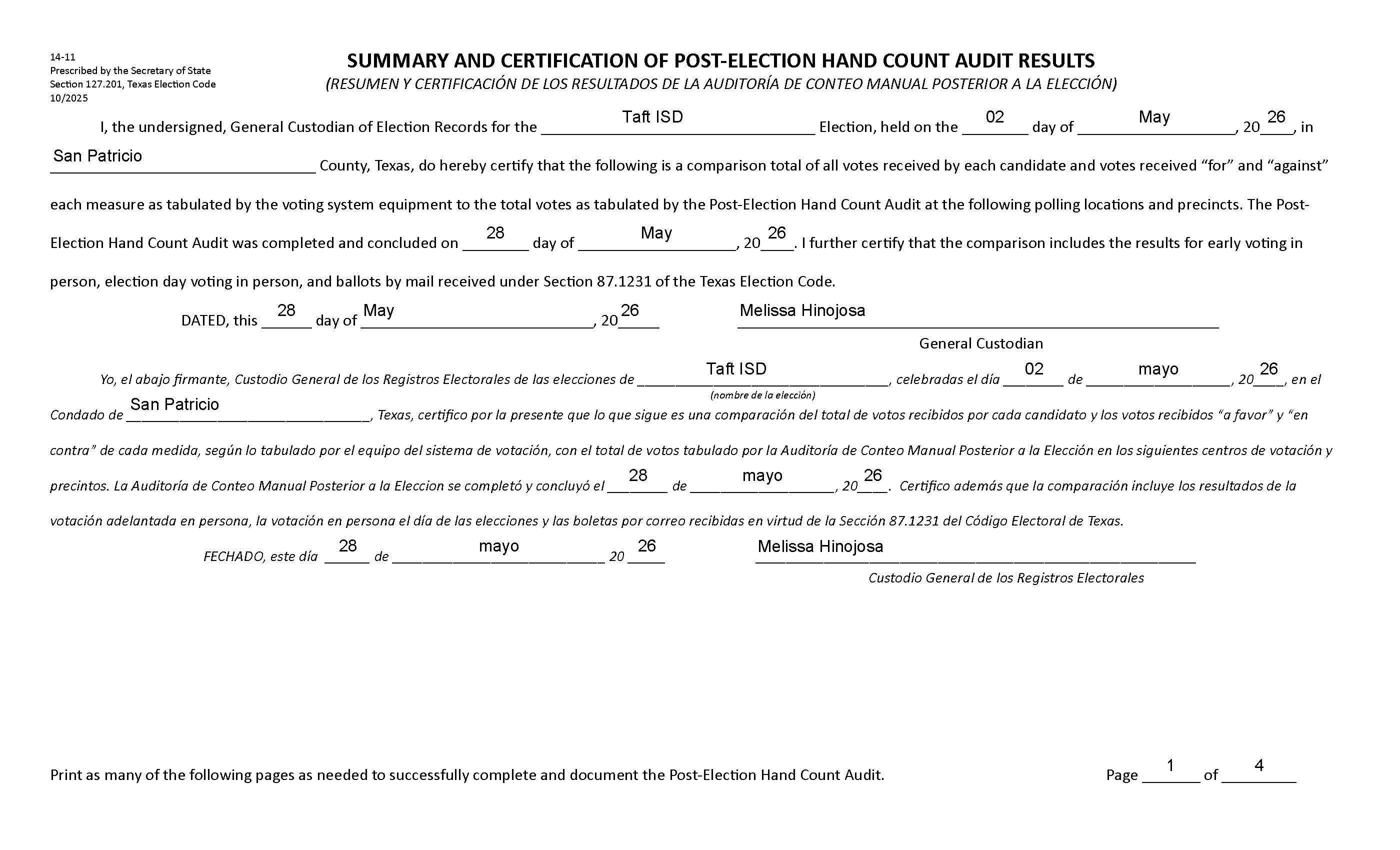 Summary and Certification of Post-Election Hand Count Audit Results