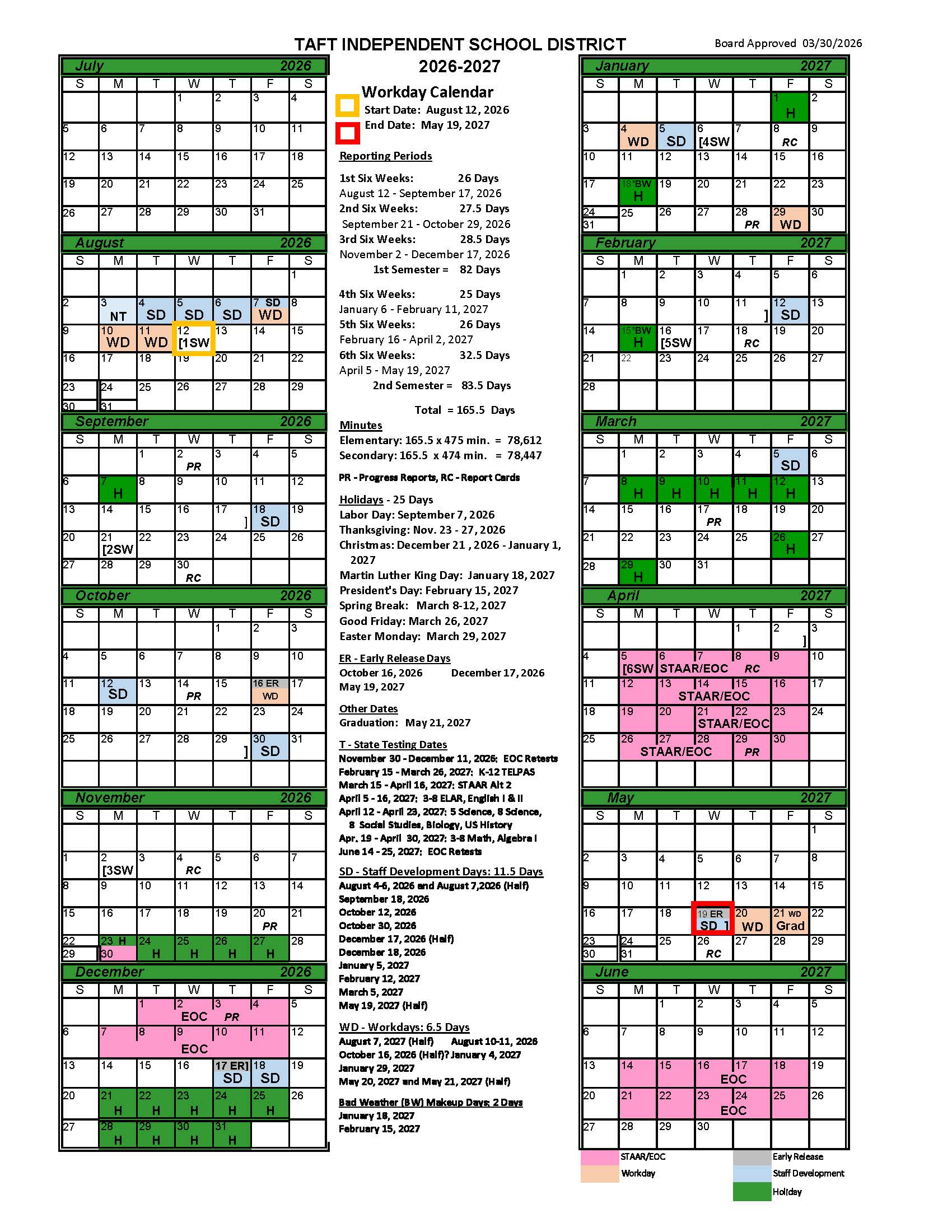 2026-2027 Taft ISD Academic Calendar