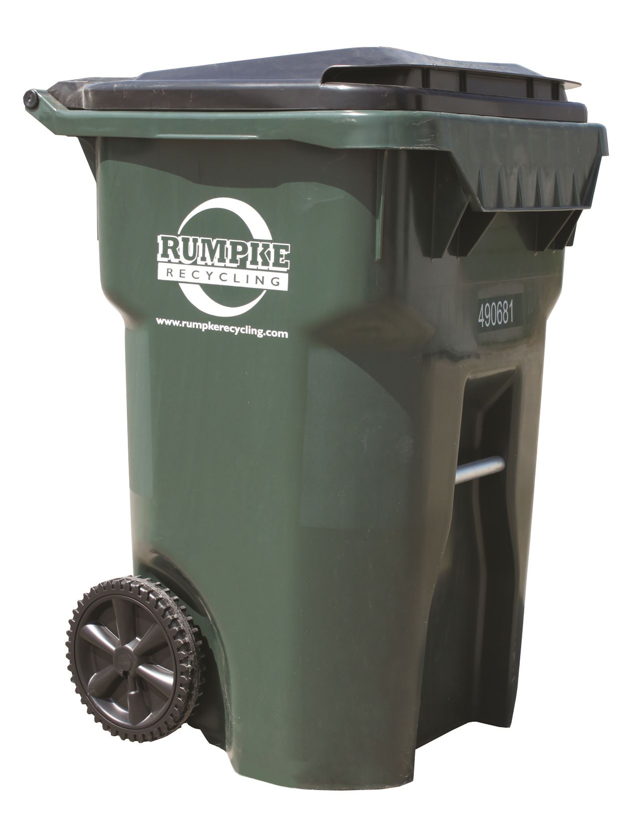 A green wheeled trash bin with a black lid and a logo on the front, designed for waste collection.