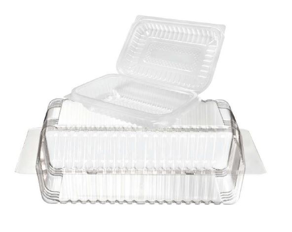 A stack of clear plastic food containers with one lid partially open, showcasing their rectangular shape and ribbed design.