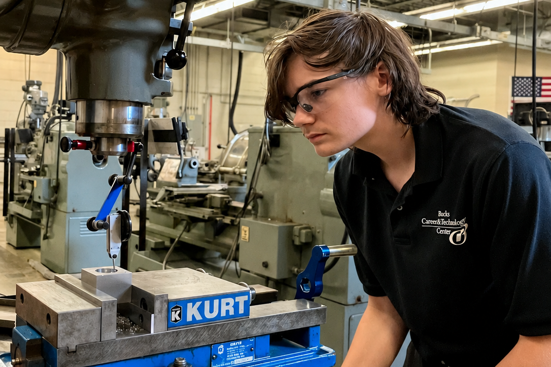 Person in black shirt using a tool on a metal part on a blue vise.