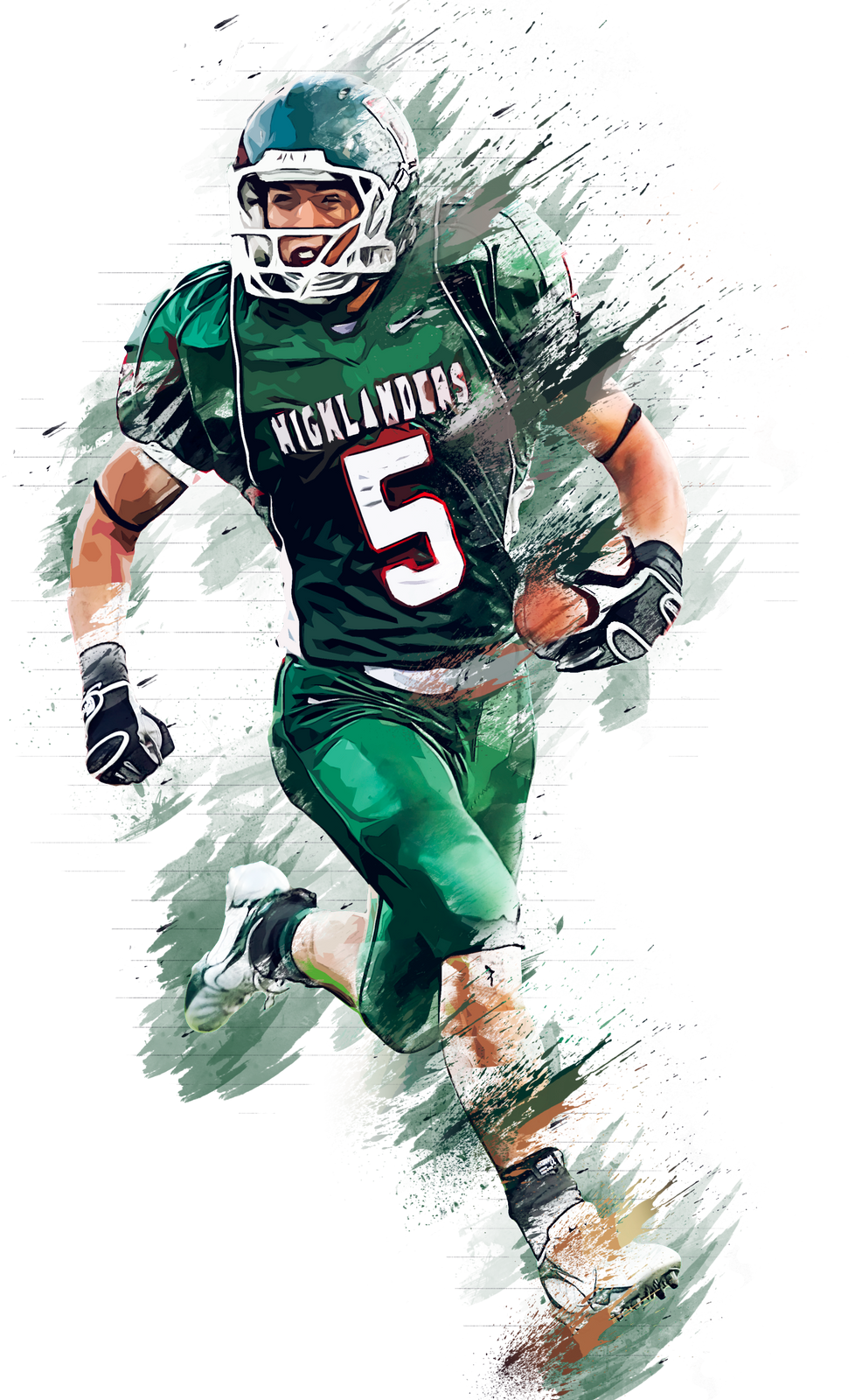 A football player wearing a green and white uniform stands poised on the field, ready for action.