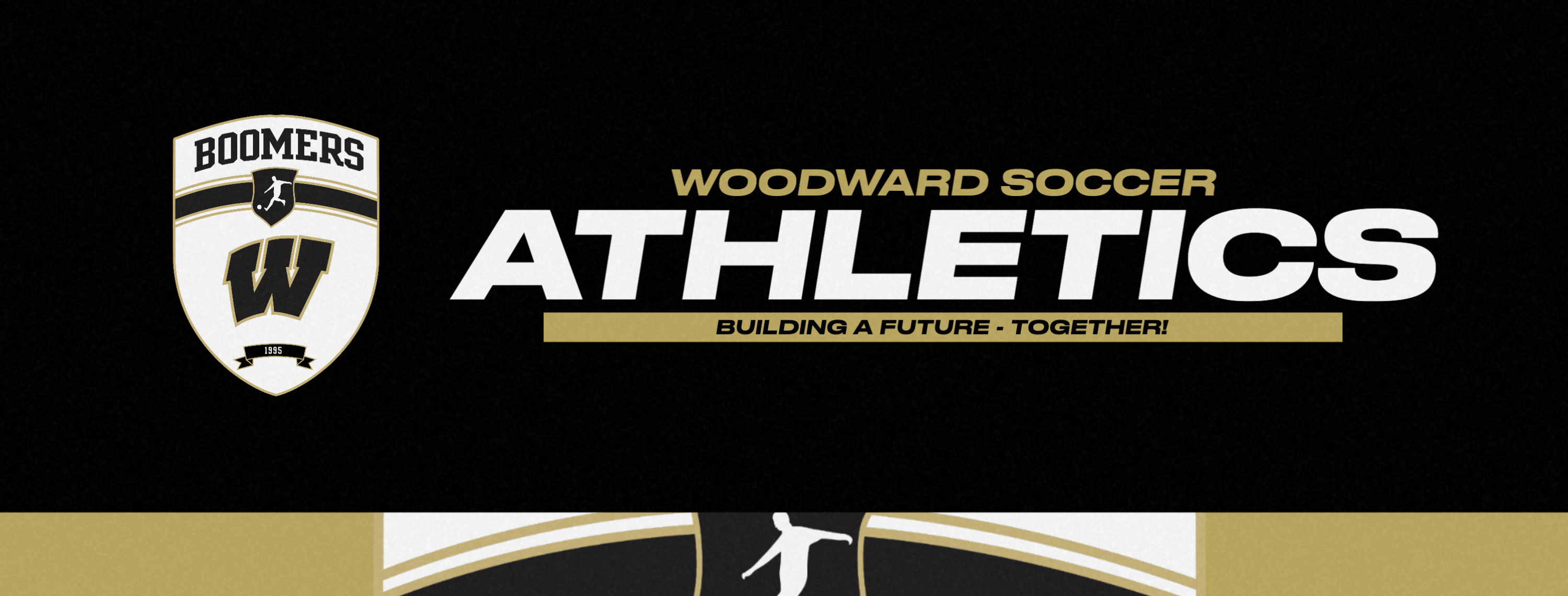The image features a **Woodward Boomers Varsity Soccer** graphic. The background is a black-and-gray gradient with a **soccer ball** icon on the left and a faint photo of Woodward High School on the right. The **Woodward Boomers** text is bold and prominent at the center, with the word **"VARSTIY SOCCER"** underneath in a clean, modern font. The **Woodward Boomers** logo is placed at the top center of the design. The overall style is sleek and sports-focused.