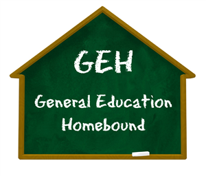 A green chalkboard shaped like a house displays the acronym 'GEH' at the top, followed by the words 'General Education Homebound' written in white text.