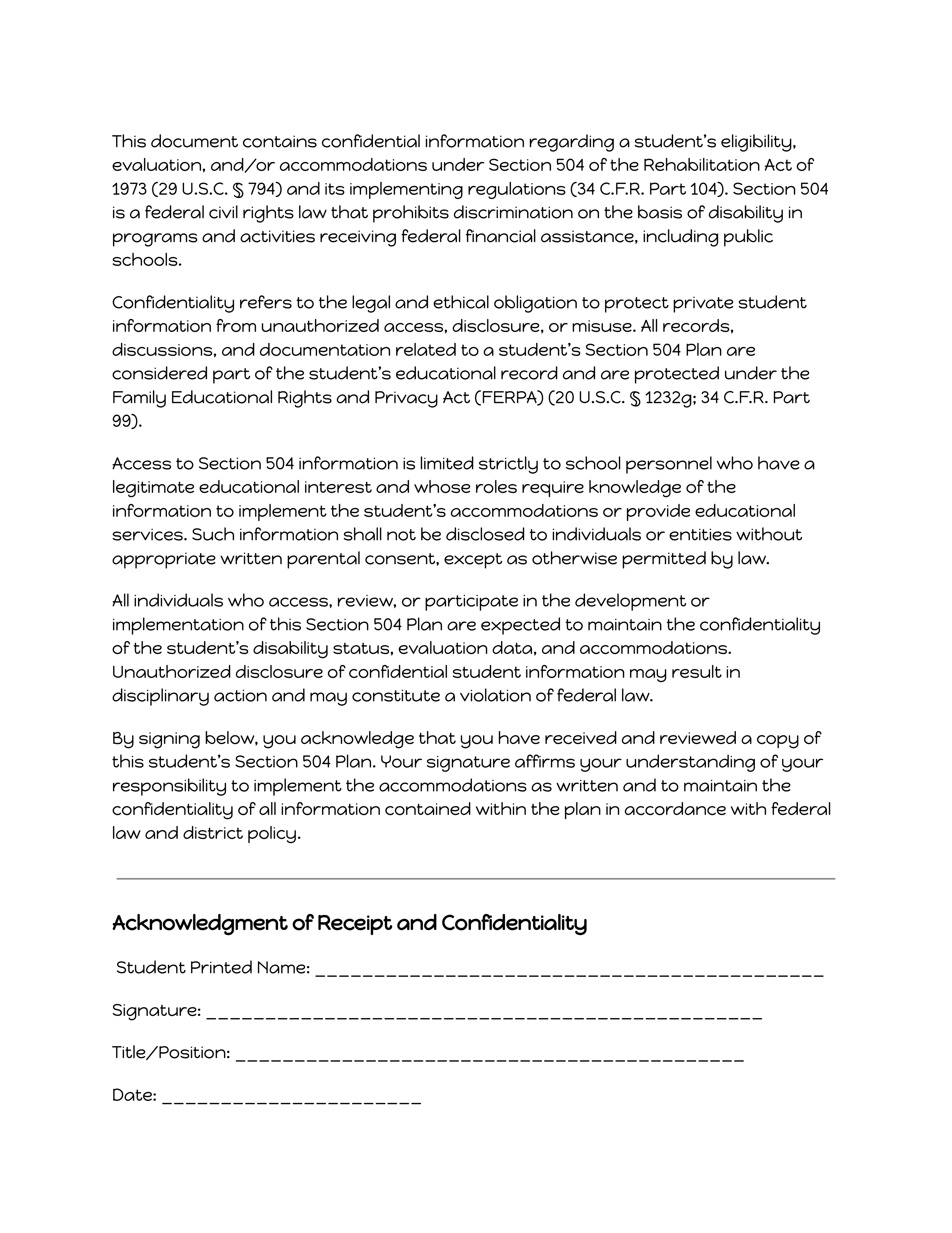 Confideality statement form