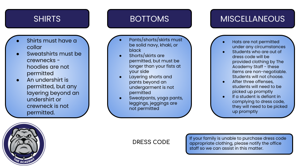 Dress Code described for students - including shirts, bottoms, and miscellaneous. Shirts must have a collar, bottoms must be solid trousers - no denim, hats and layering garments is not permitted.