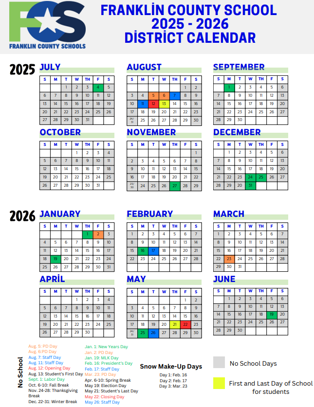 School calendar for FCS