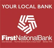Logo of First National Bank featuring a stylized design with the bank's name prominently displayed.